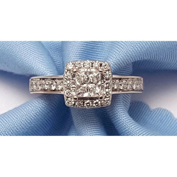 14K Karat Solid White Gold Designer Princess Cut & Round Diamond Engagement Ring - Picture 1 of 16